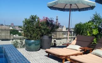 Roof terrace with deck chairs, parasols, plant planters and a swimming pool